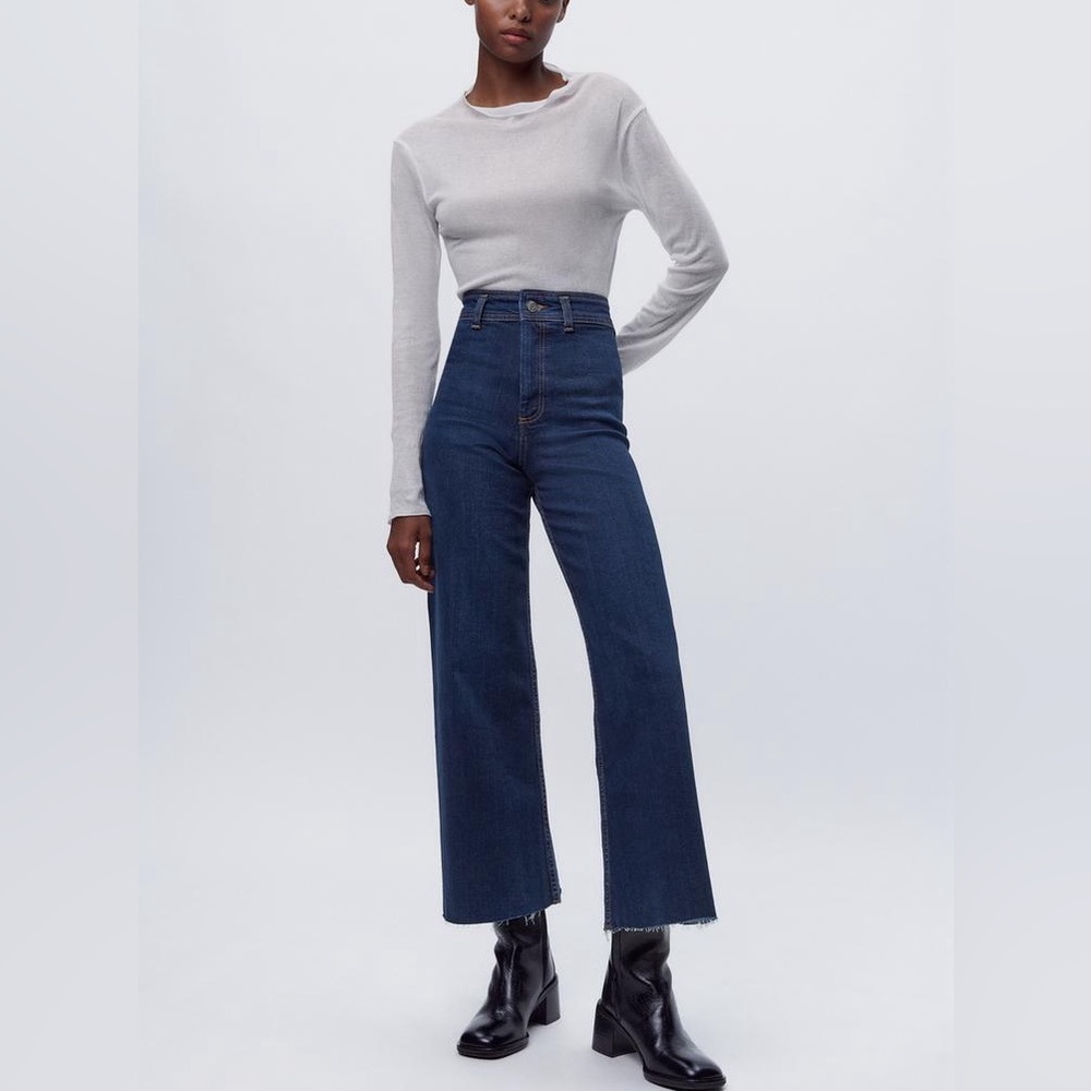 Zara Navy High-Rise Wide-Leg Jeans